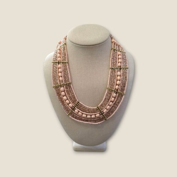 Multi-Strand Beaded Necklace With Pink & Gold Accents Adjustable Clasp Statement - Picture 2 of 5